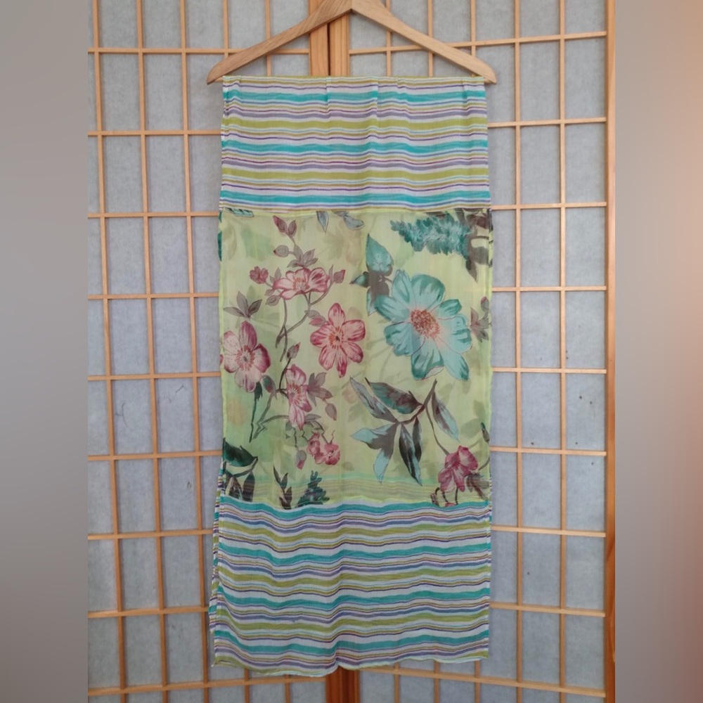 Yellow Green Floral Striped Rectangular Scarf Sha… - image 3